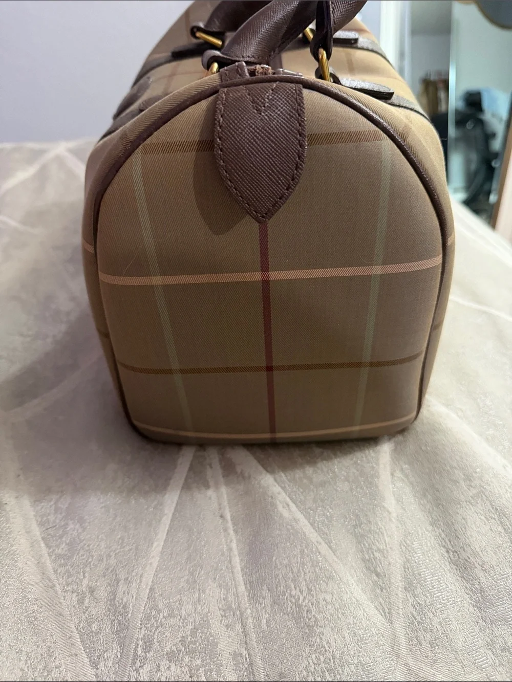 Burberry Taupe Plaid Duffel with Brown Leather Trim